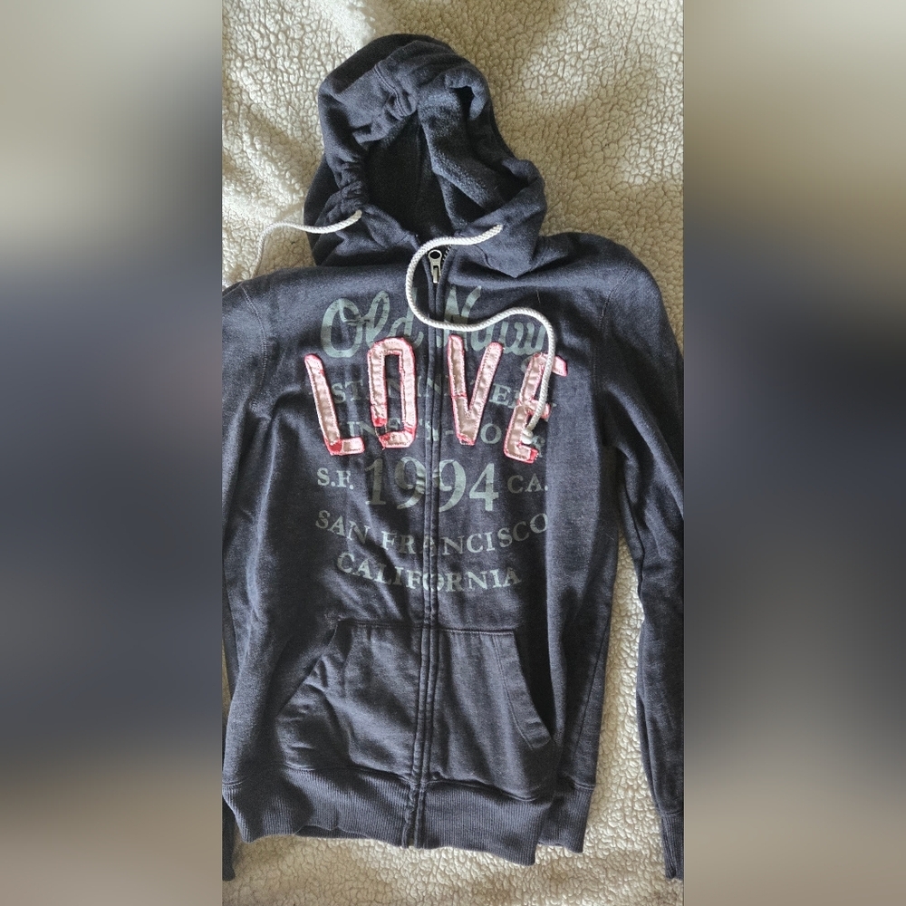 Old Navy Womens Dark Gray Hoodie with Love Pink Accents Full Zip Small Tall